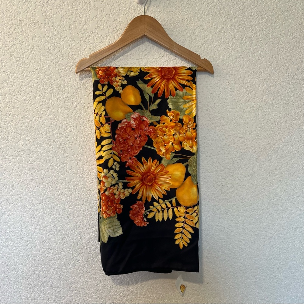 NWT Talbots 100% Silk Floral Black Orange Yellow Square Scarf